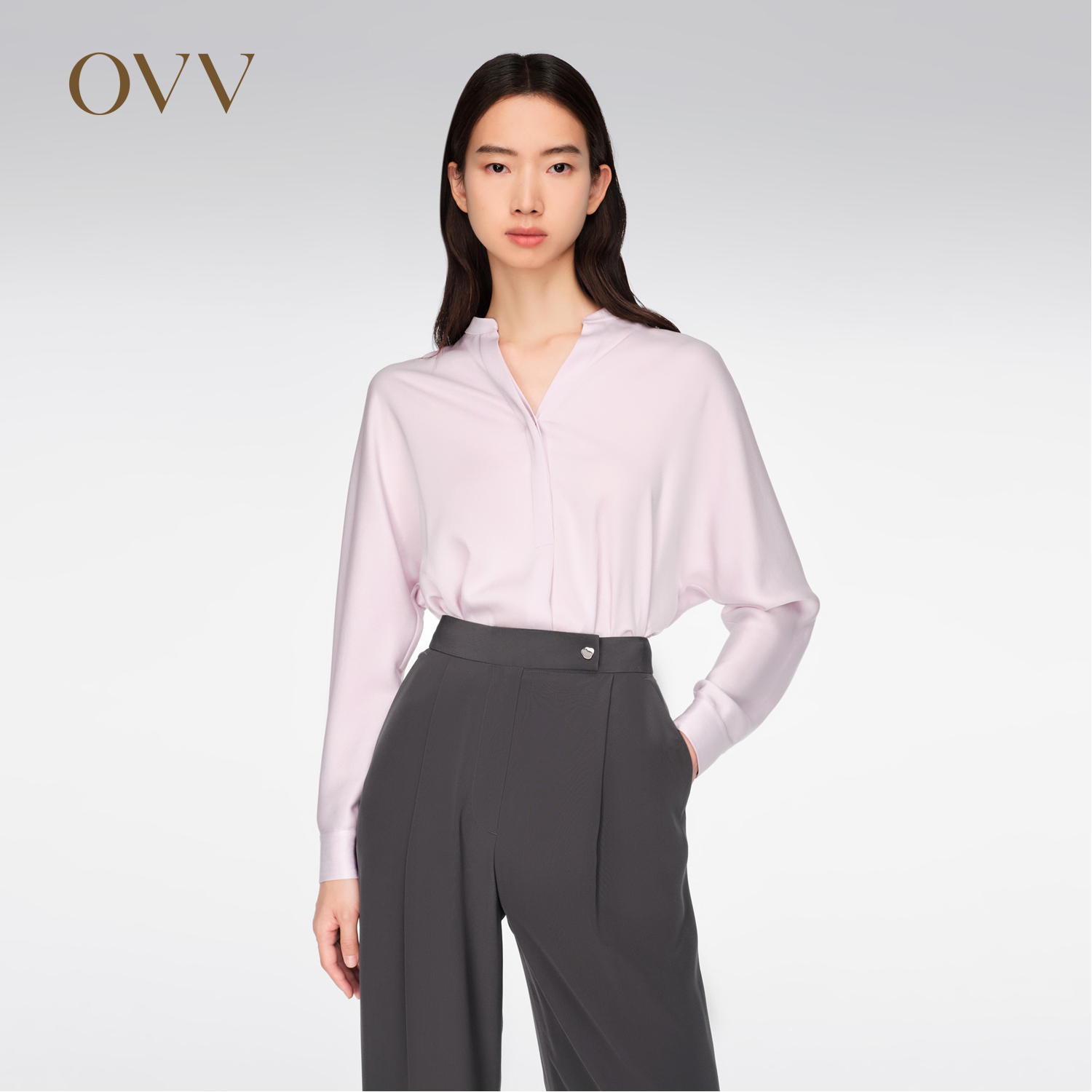OVV春夏热卖女装醋酸混纺宽松经典V领休闲长袖衬衫