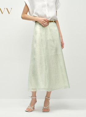 OVV2025春夏新款女装淡人微透欧根纱印花A字不规则拼接半身裙