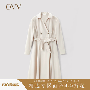 OVV春夏热卖女装桑蚕丝羊毛混纺双排扣通勤系带款风衣外套