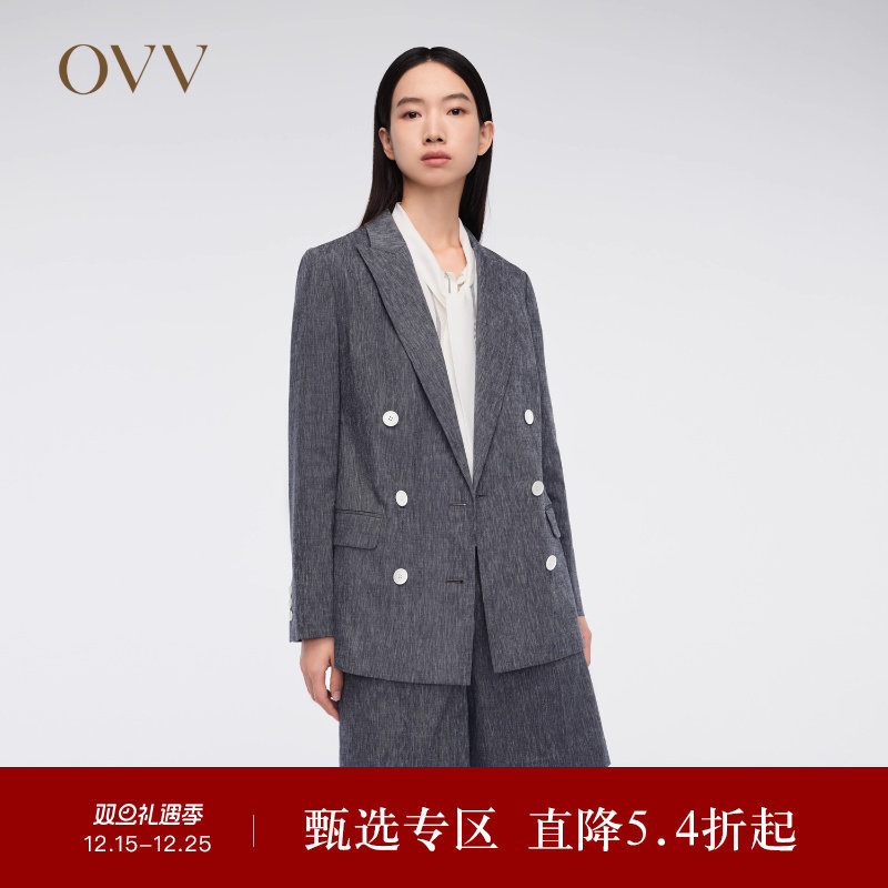 OVV春夏热卖女装韩国进口亚麻混纺双排扣西服外套