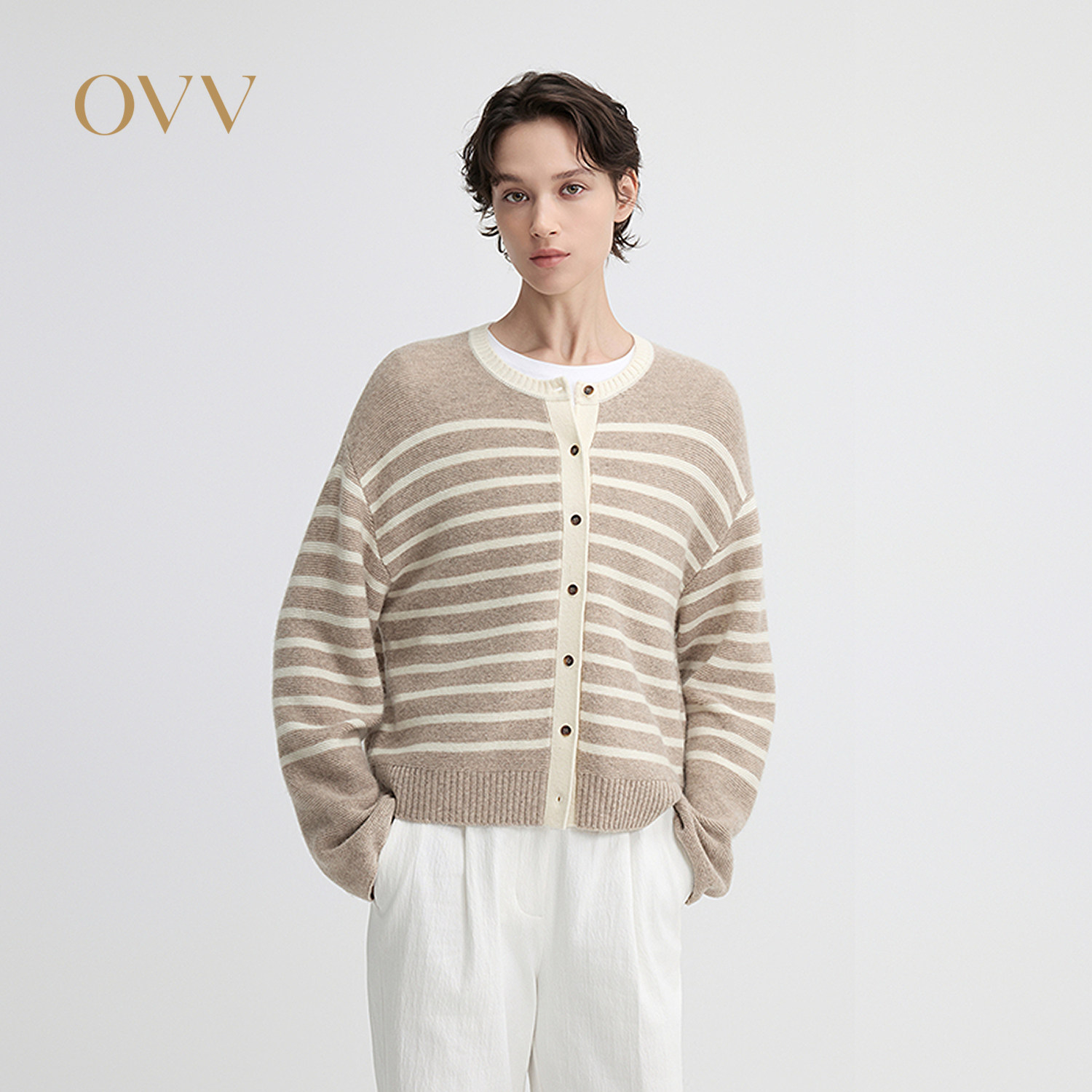 OVV2026秋冬新款女装优雅经典条纹设计针织开衫外套