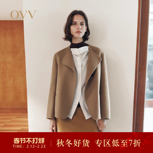 OVV2025秋冬新款女装不对称圆弧休闲羊毛圆领短款大衣