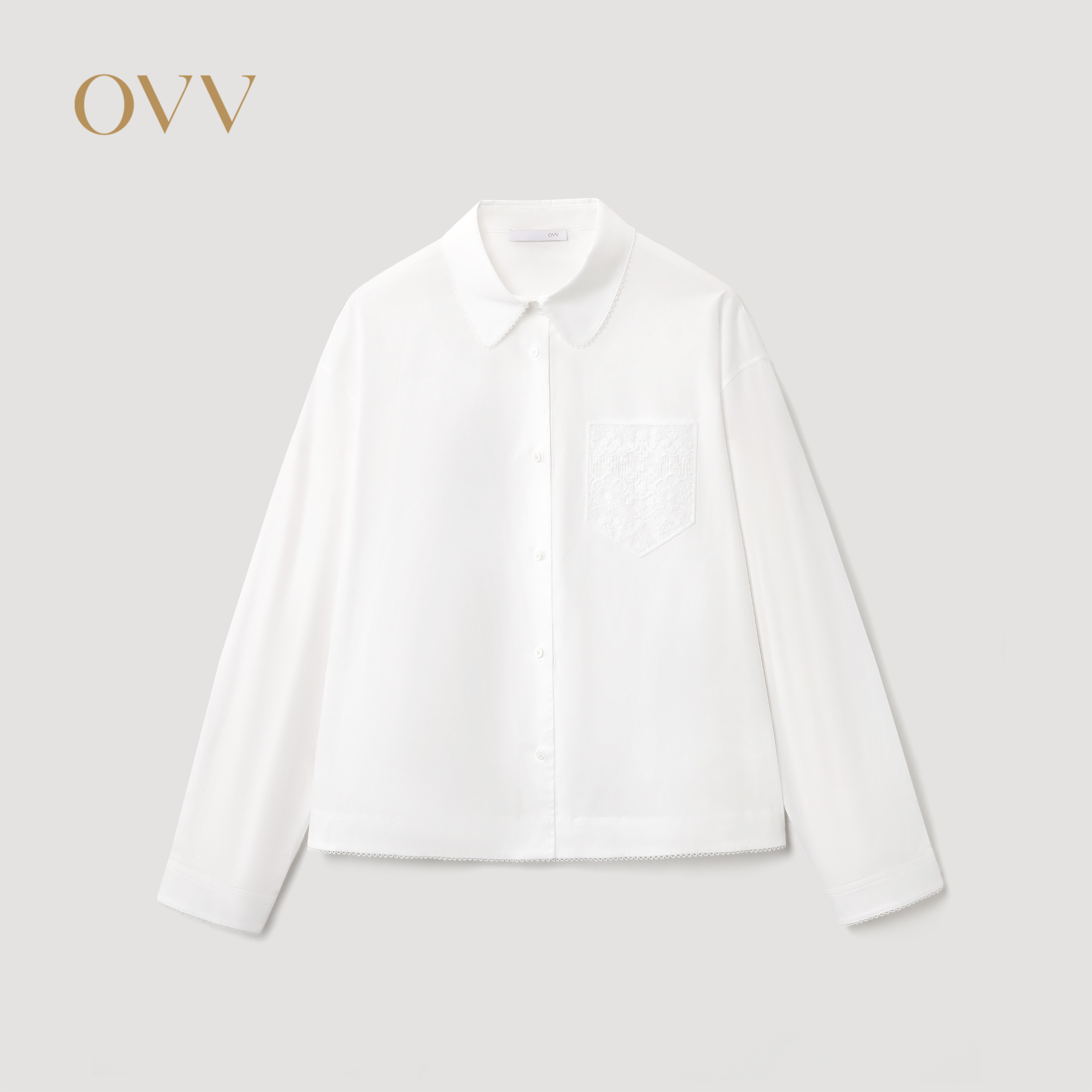 OVV2026秋冬新款女装波浪花边领刺绣口袋长袖休闲衬衫