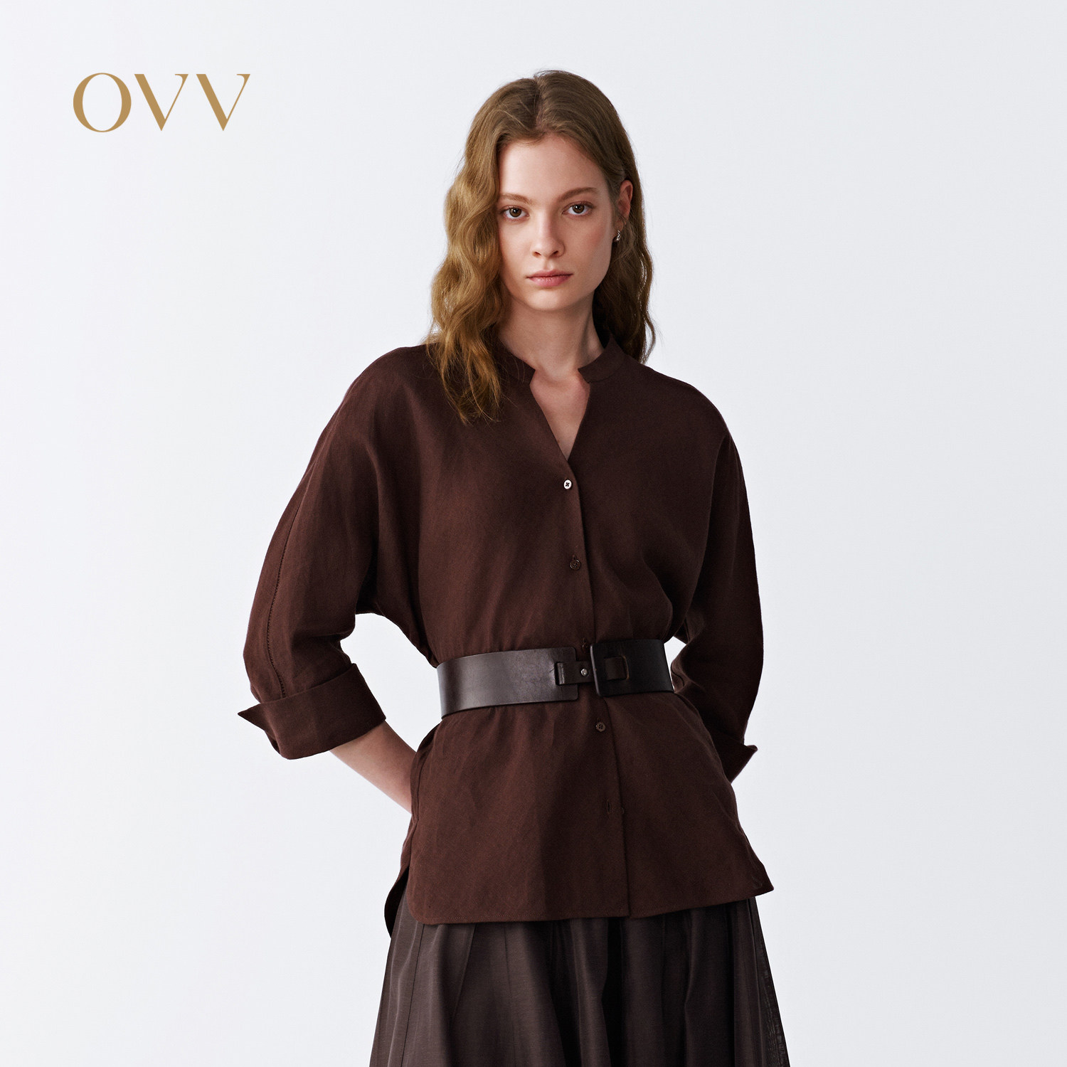 OVV2026春夏新款女装简约优雅多色法式亚麻中袖休闲衬衫