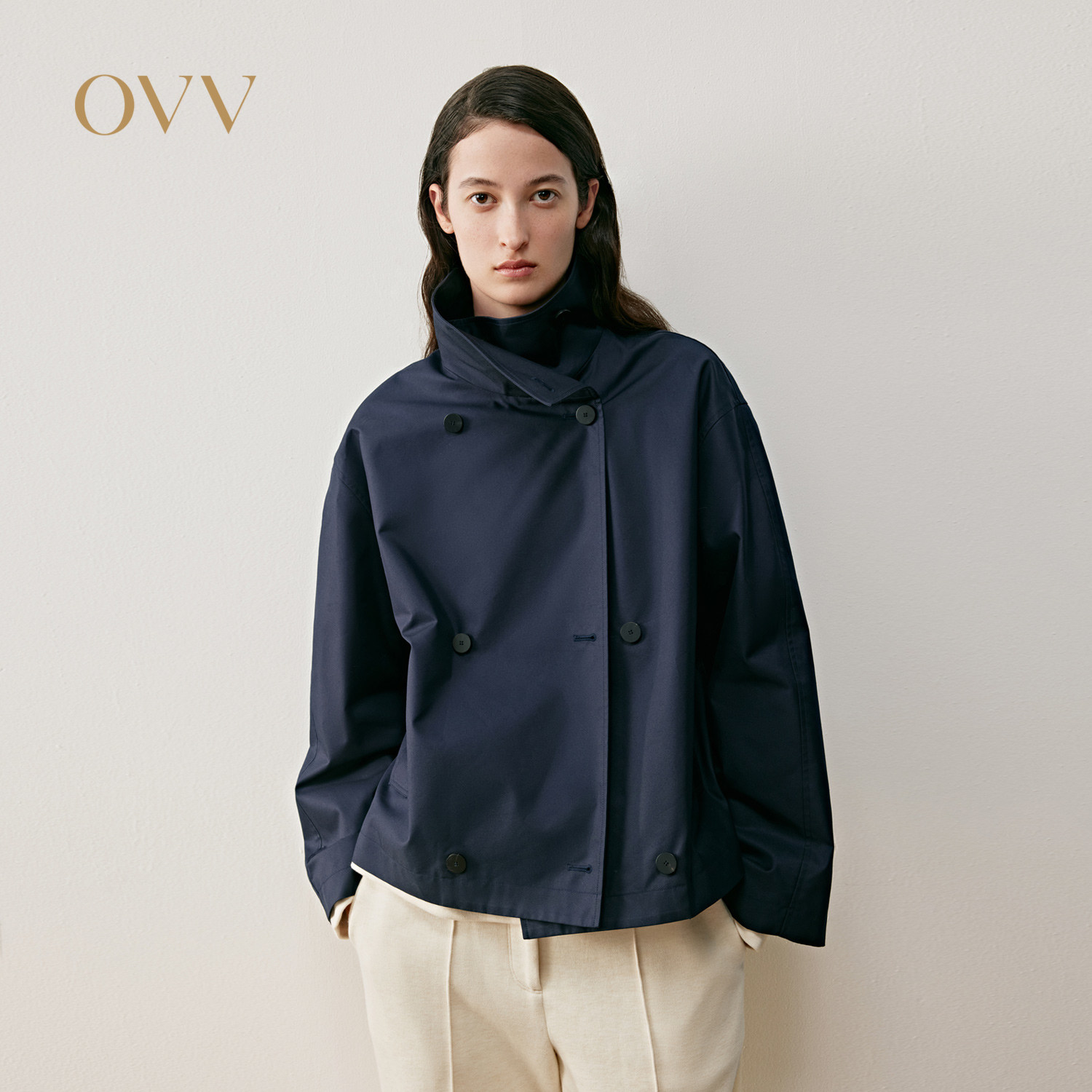OVV2025秋冬新款女装精致立领复古双排牛角扣短夹克
