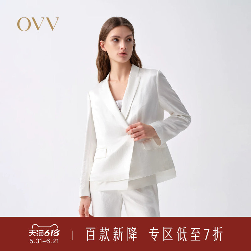 OVV2026春夏新款女装缎面醋酸薄纱拼接修身休闲西服外套