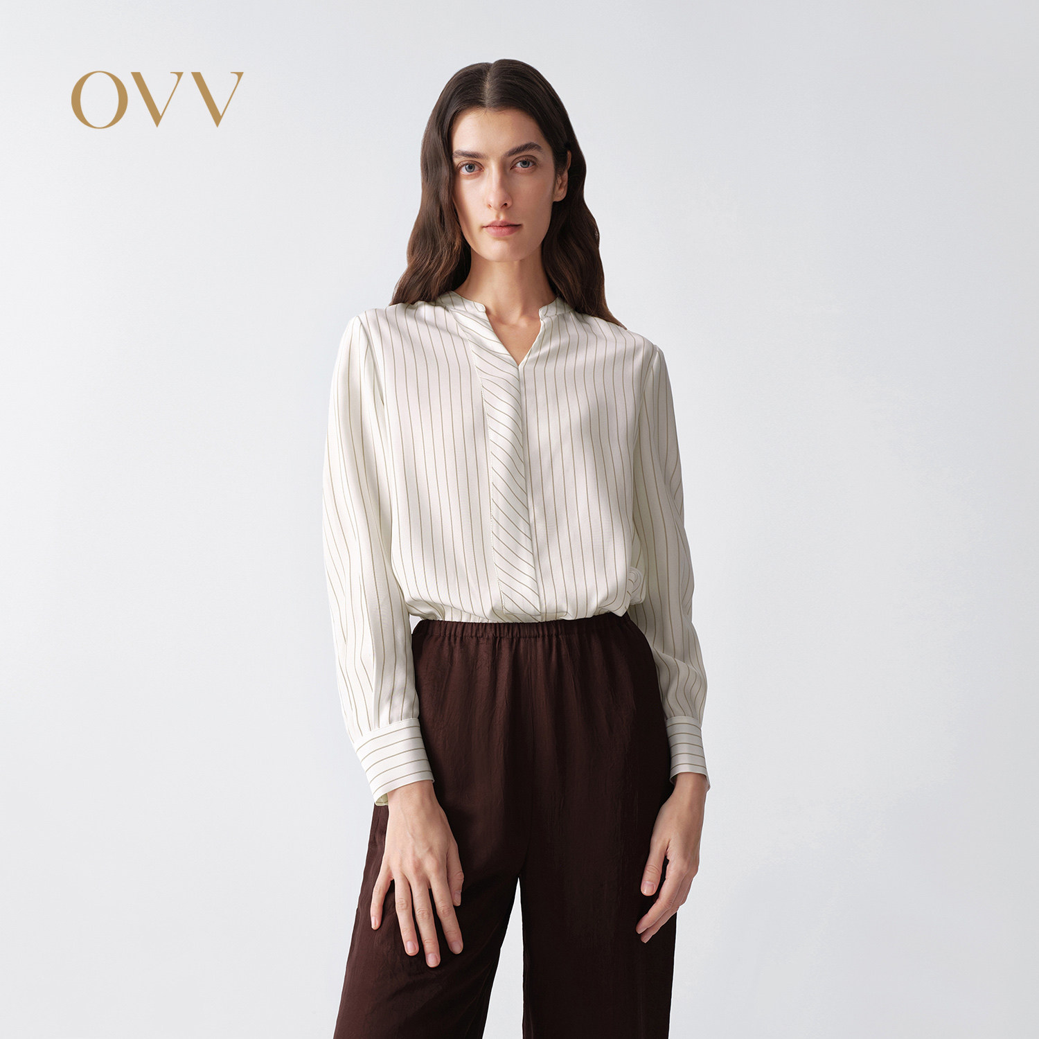 OVV2026春夏新款女装19姆米素绉缎真丝条纹长袖休闲衬衫