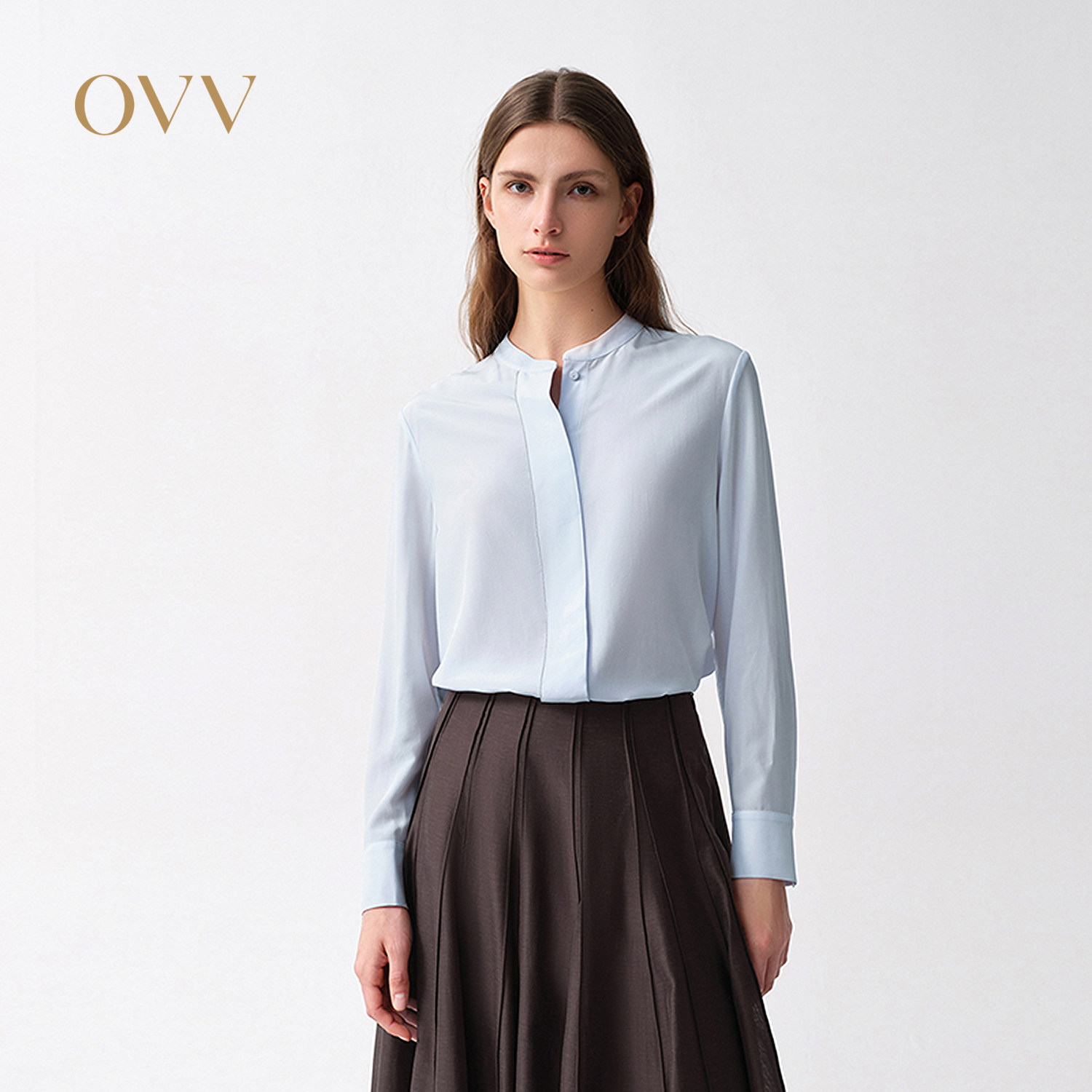 OVV2026春夏新款女装20MM双绉真丝立领长袖休闲衬衫