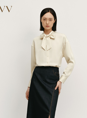 OVV秋冬热卖女装醋酸混纺优雅飘带简约大气长袖休闲衬衫