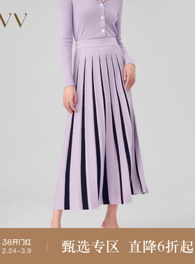 OVV秋冬新款女装丝羊毛双色百褶设计精致休闲针织半身裙