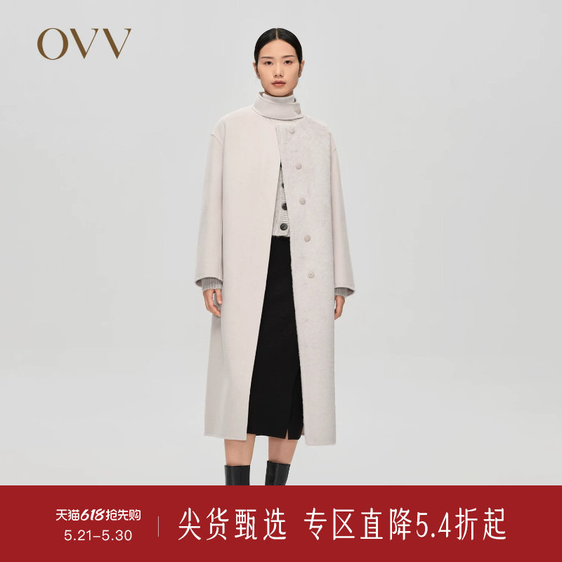 OVV秋冬新款女装羊毛双面呢拼环保皮草配腰带长款大衣