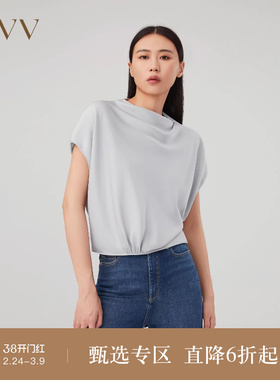 OVV秋冬新款女装缎面醋酸简约立裁落肩荡领短袖上衣