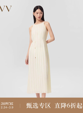 OVV春夏热卖女装经典圆领哑光不规则飘逸百褶吊带连衣裙