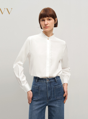 OVV2025秋冬新款女装精致木耳边装饰匹马棉空气洗长袖休闲衬衫