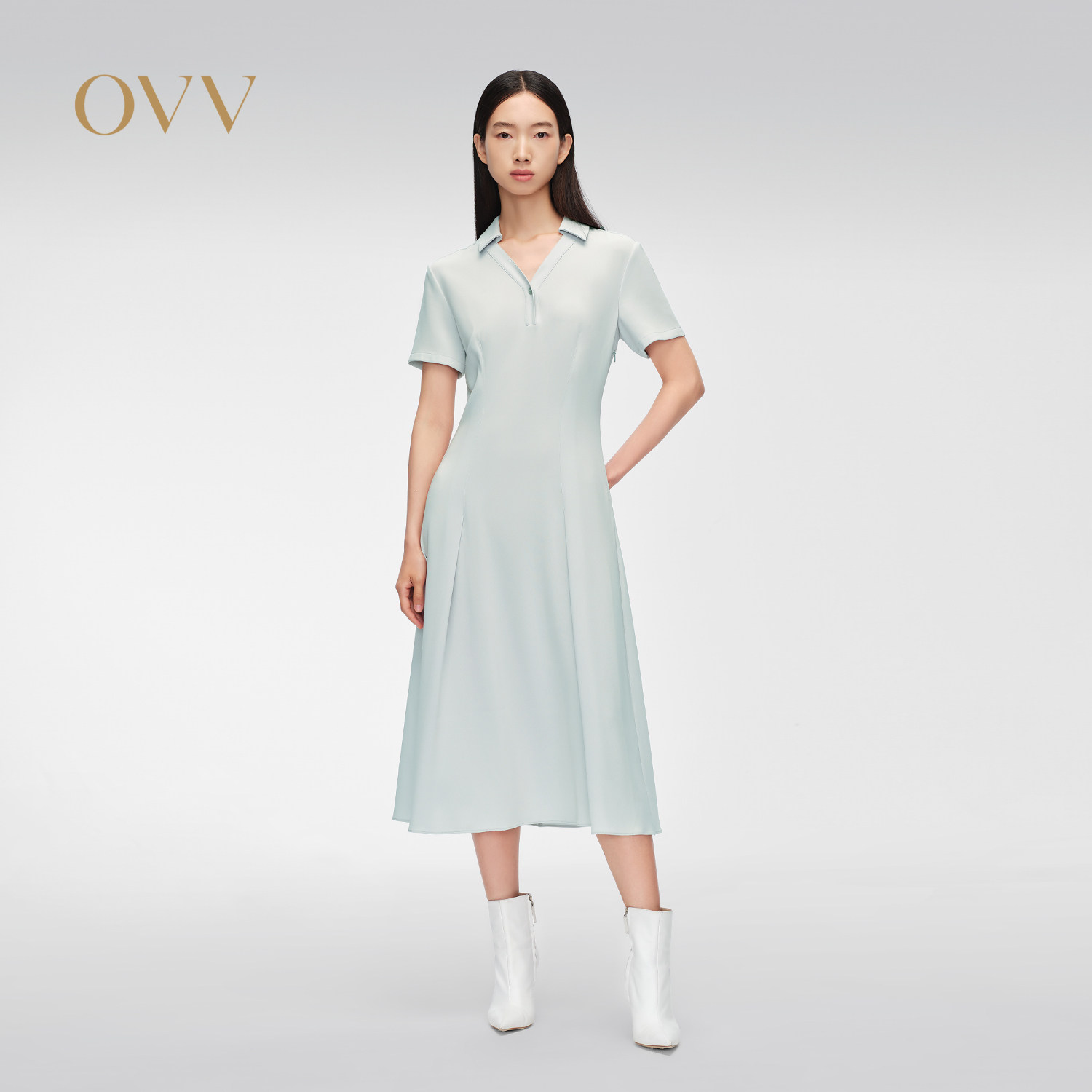 【呼呼专享】OVV春夏新款女装优雅简约V领经典A字短袖连衣裙