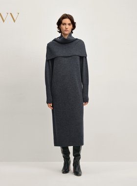 OVV2025秋冬新款女装可穿脱围脖披肩羊毛长袖针织连衣裙