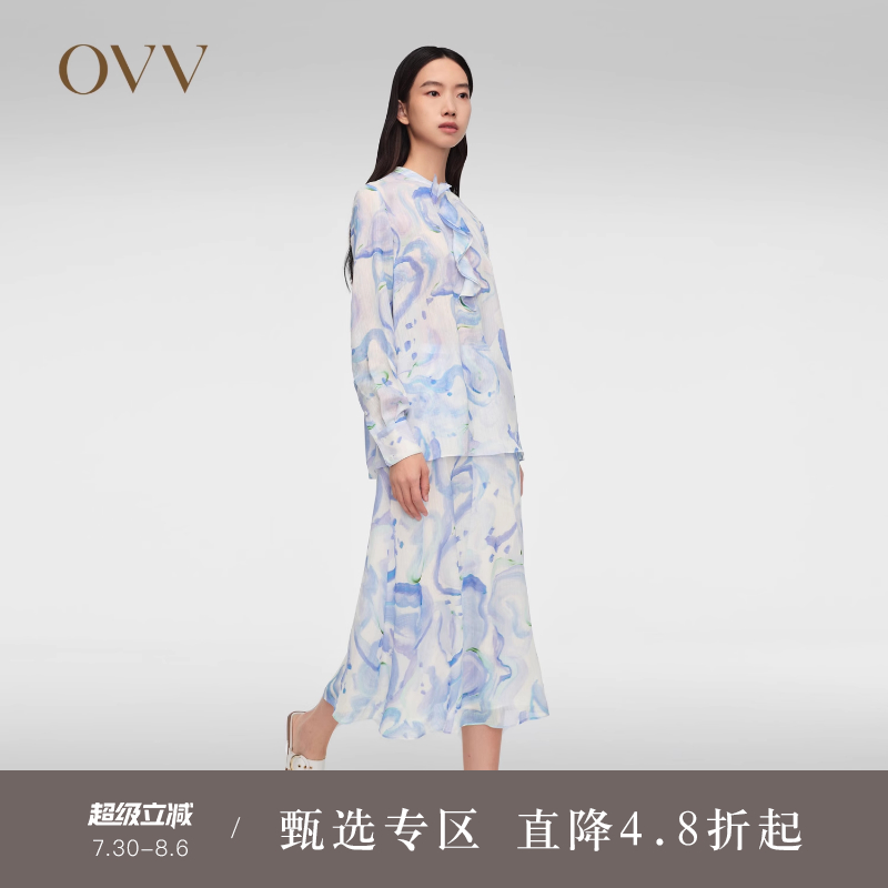 【抽象笔刷印花】OVV春夏热卖女装飘带雪纺衫长袖衬衫