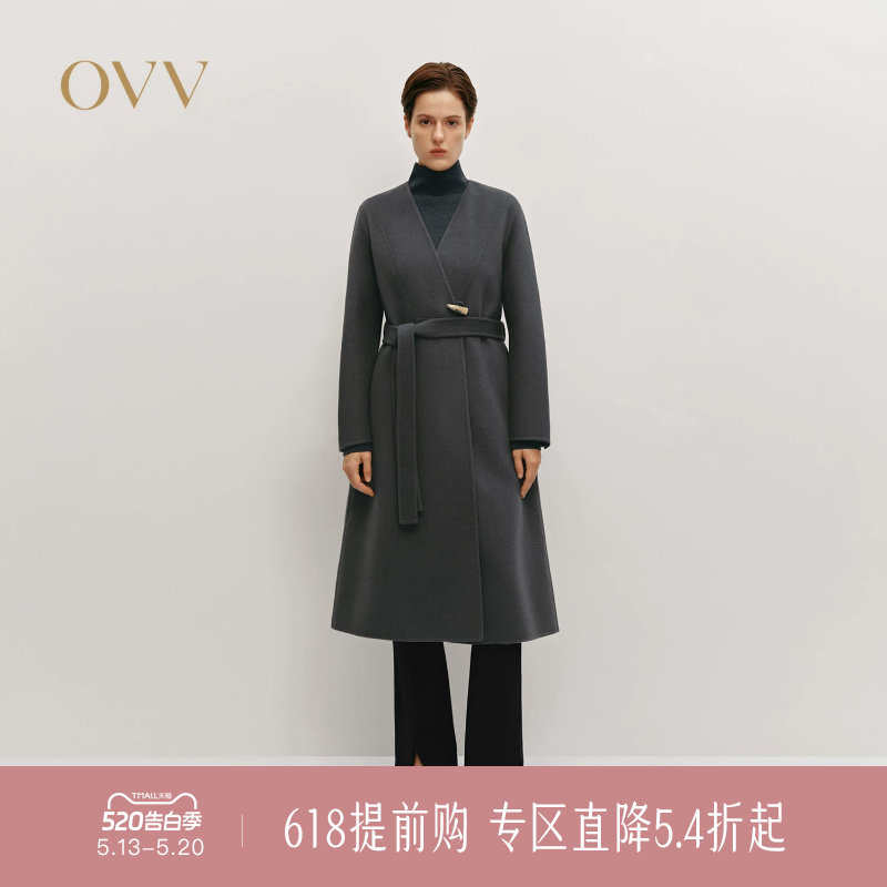 OVV秋冬热卖女装无领设计随附腰带中长羊毛双面呢大衣