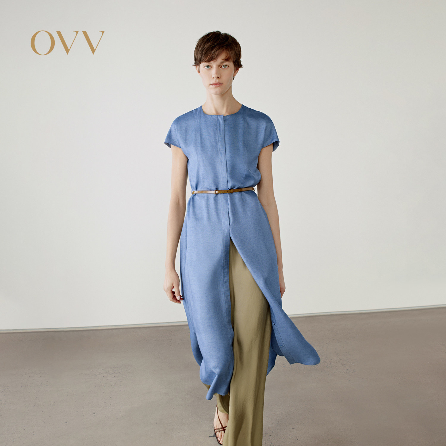 OVV2025春夏新款女装淡人18MM斜纹真丝牛仔印花圆领短袖连