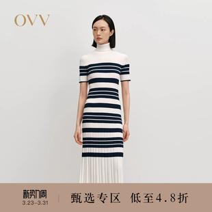 横条纹高领长袖 经典 羊毛针织连衣裙 女装 OVV秋冬热卖