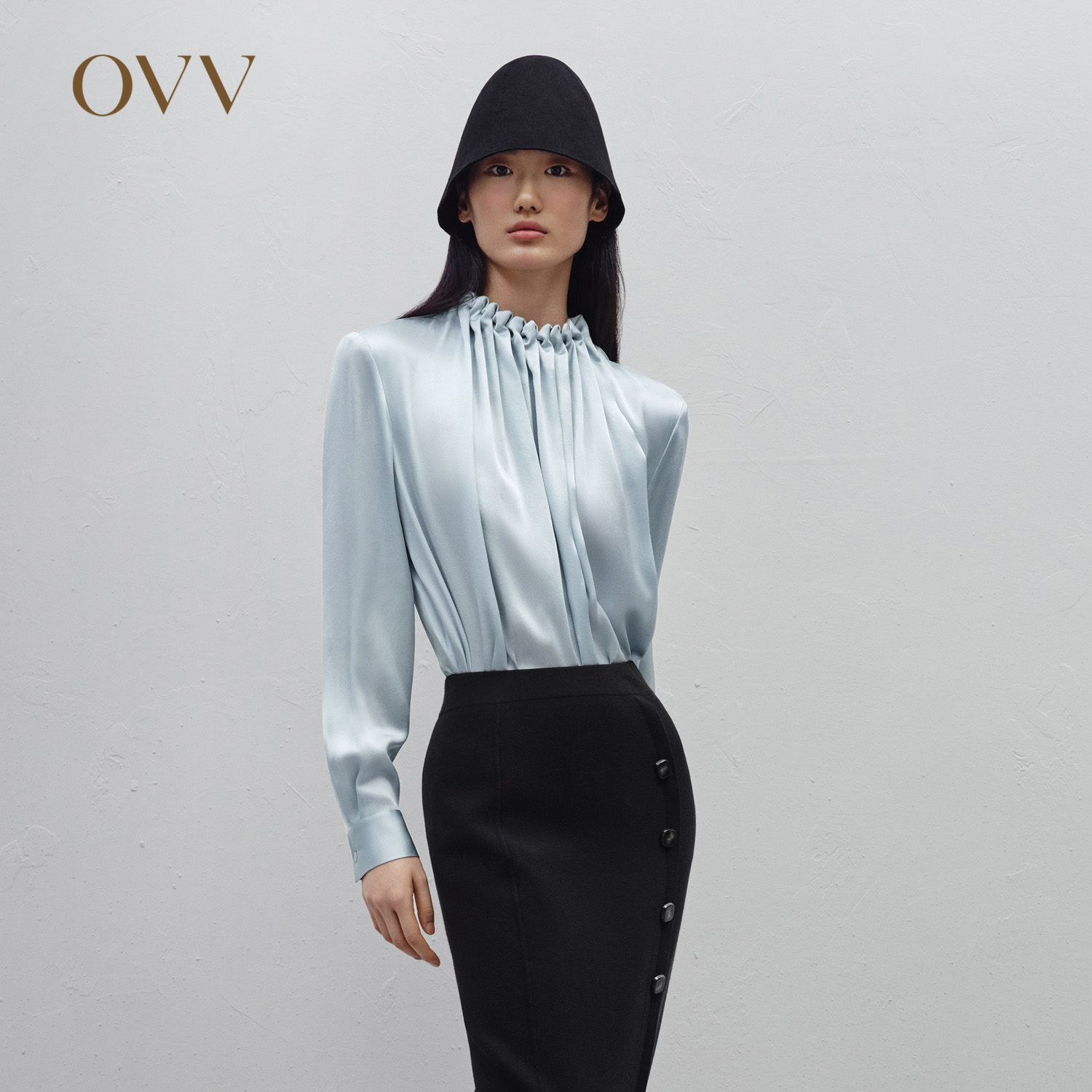 OVV秋冬新款女装20MM缎面绉手工缝制花苞褶饰真丝衬衫上衣