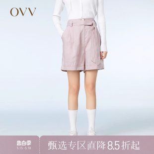 温柔清新亚麻随附宽腰带翻边休闲短裤 女装 OVV春夏热卖