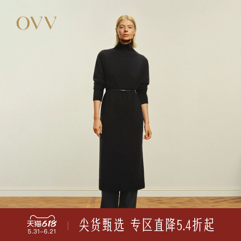 OVV秋冬热卖女装高领直筒羊毛随附腰带长袖针织连衣裙
