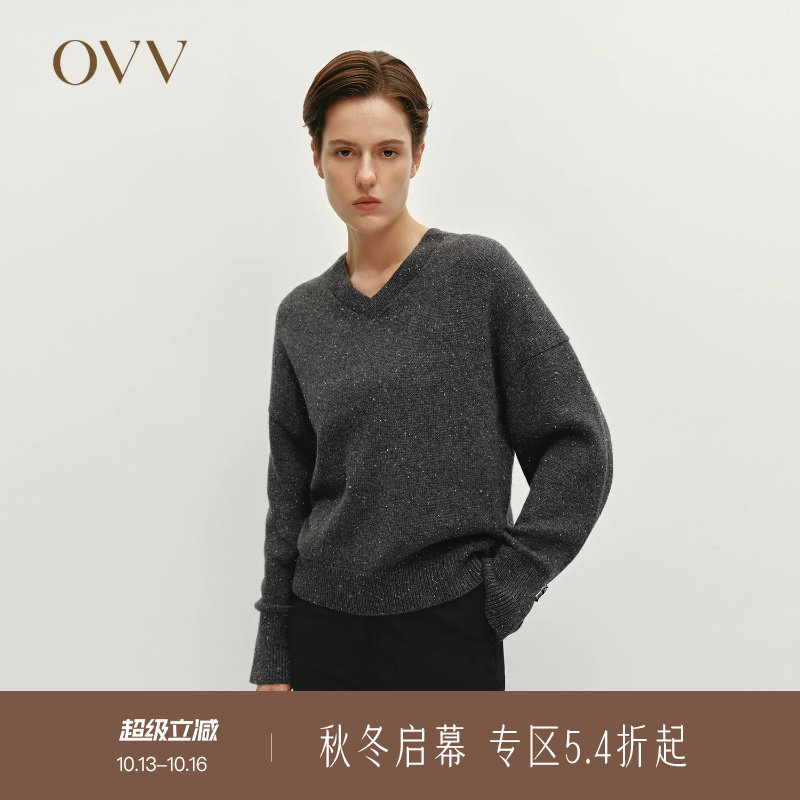 OVV秋冬热卖女装V领保暖时尚点子纱休闲长袖羊绒衫