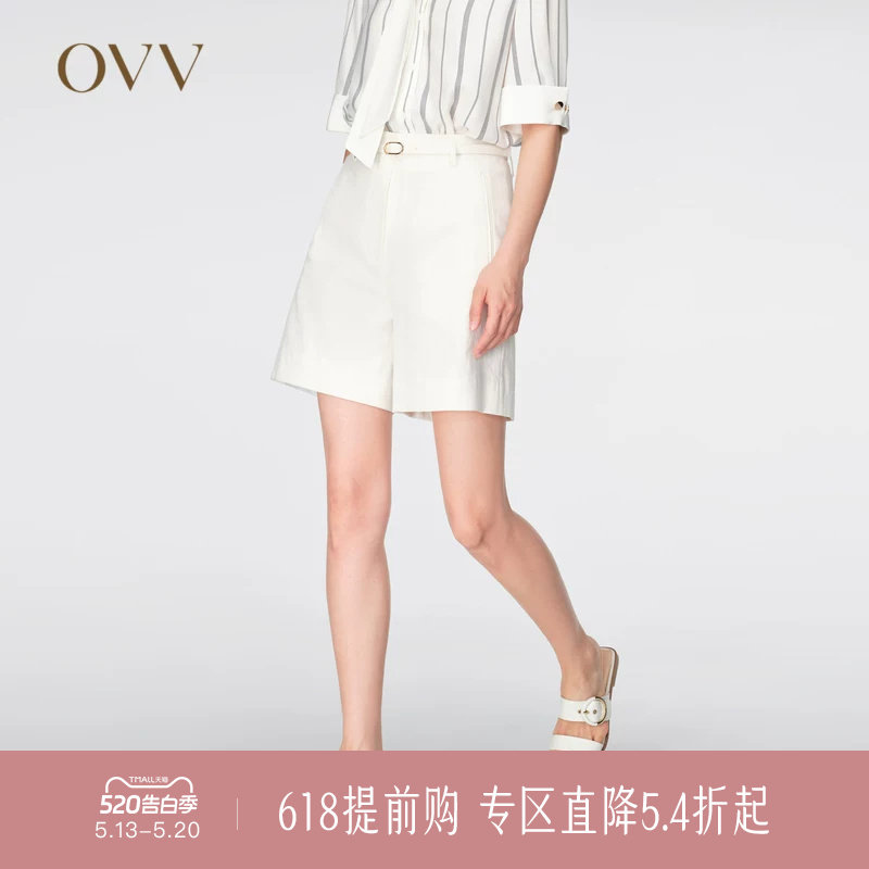 OVV春夏热卖女装棉麻混纺随附腰带经典直筒休闲短裤