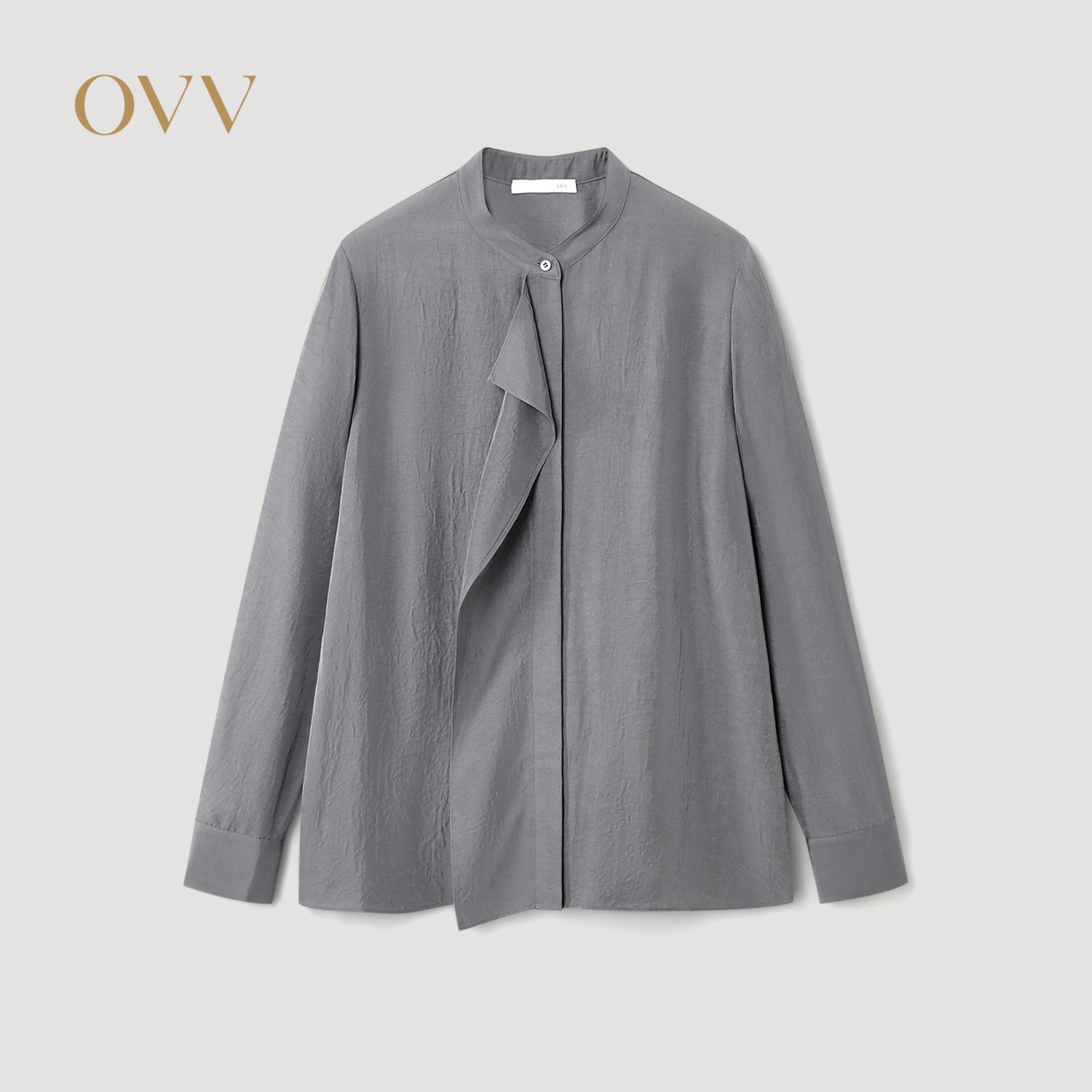 OVV2026春夏新款女装经典立领荷叶边设计长袖休闲衬衫