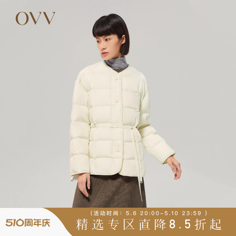 OVV秋冬女装时尚V领收腰轻薄保暖宽松休闲白鹅绒羽绒服