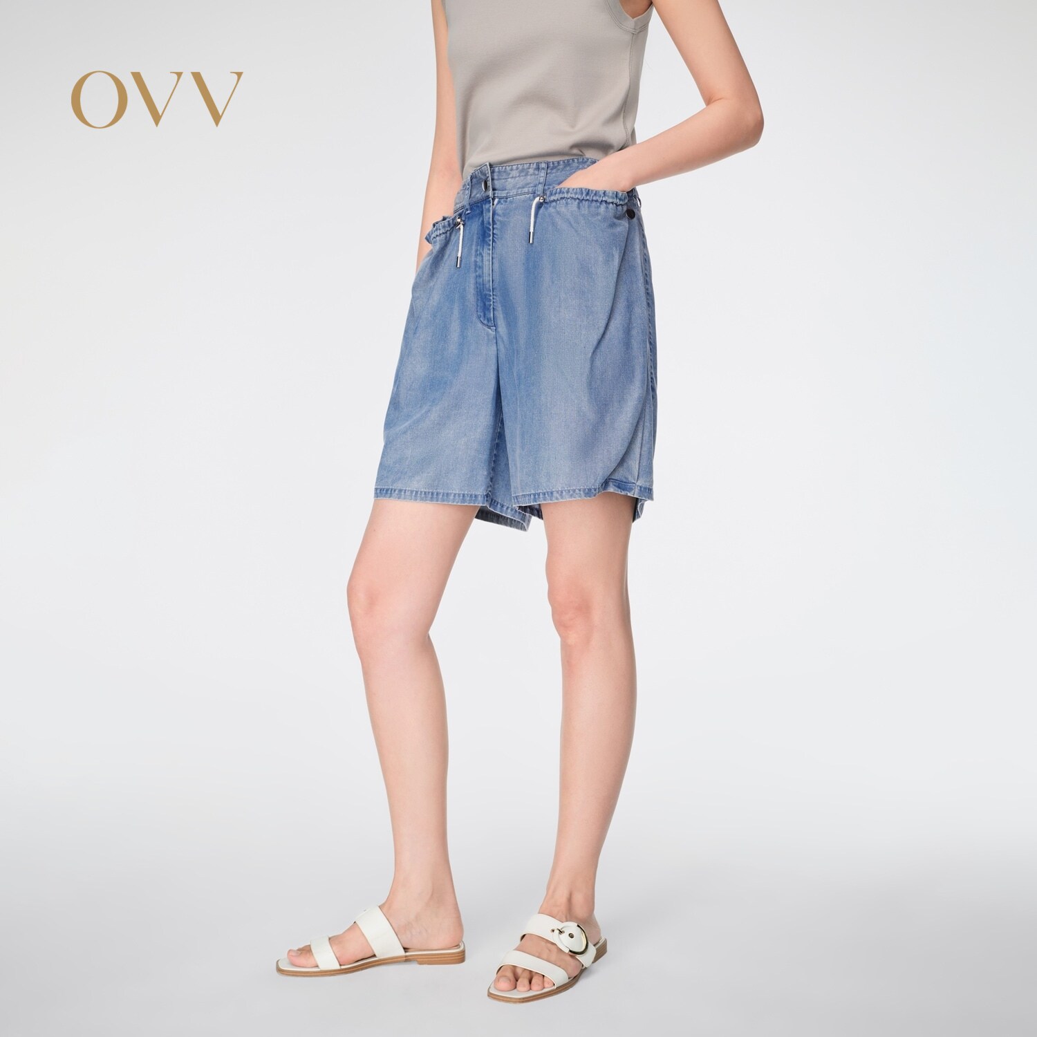 【呼呼专享】OVV春夏女装经典简约时尚休闲易搭抽绳牛仔短裤