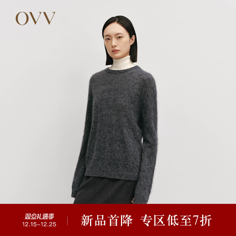 OVV秋冬热卖女装菱形立体绞花圆领蓬松马海毛长袖针织衫