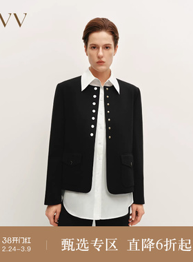 OVV秋冬热卖女装经典黑金圆领针织羊毛夹克休闲外套