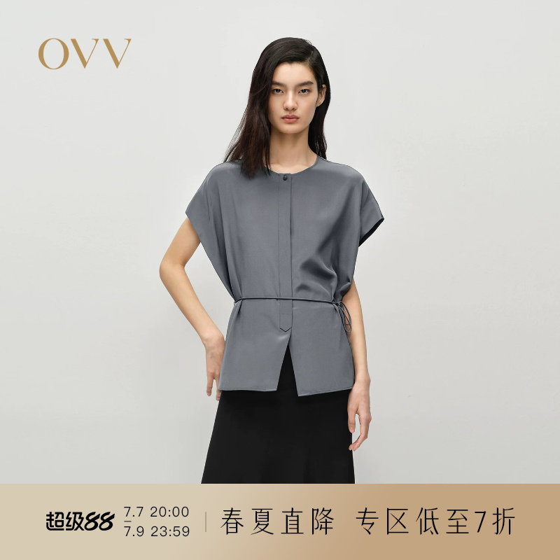 OVV春夏新款女装16姆米双绉真丝圆领短袖休闲衬衫