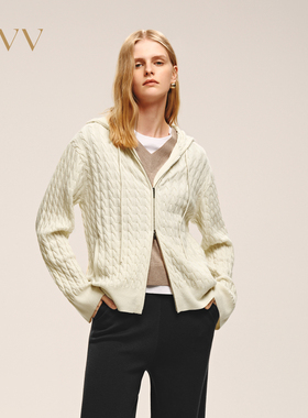 OVV2025秋冬新款女装复古质感立体绞花连帽长袖针织衫