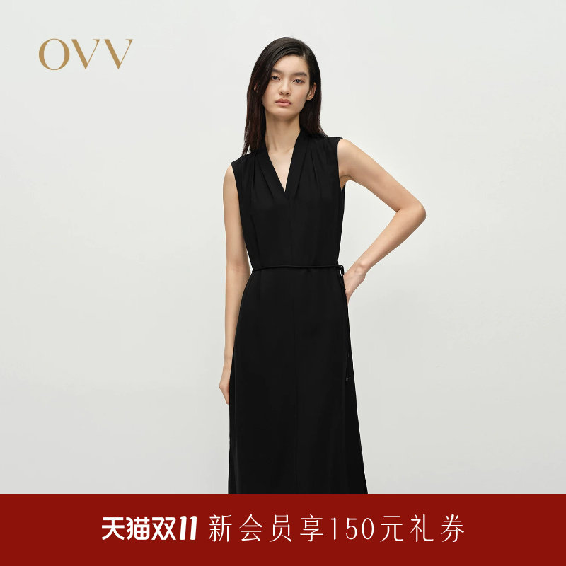 OVV春夏热卖女装淡人醋酸面料V领中款连衣裙经典小黑裙