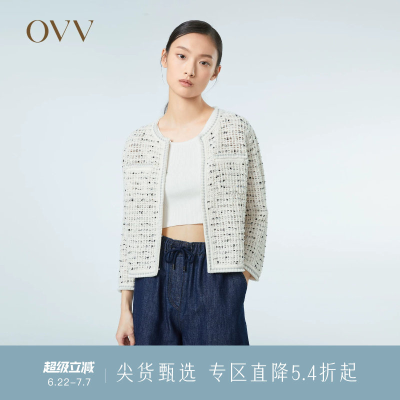OVV春夏热卖女装轻薄棉麻花纱粗花呢七分袖休闲针织外套