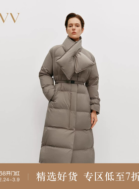 OVV秋冬热卖女装大横格绗线可拆卸充绒围巾V领羽绒服