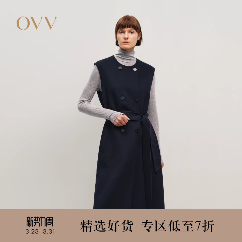 OVV2025秋冬新款女装挺括羊毛双面呢圆领长款无袖大衣