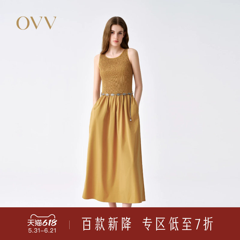 OVV2026春夏新款女装圆领随附腰带休闲无袖吊带连衣裙