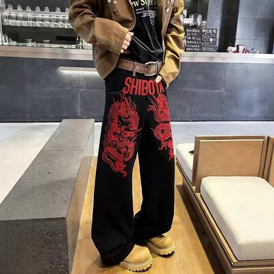2026春秋季国潮风重工刺绣龙纹牛仔裤男女宽松阔腿痞帅街头潮长裤