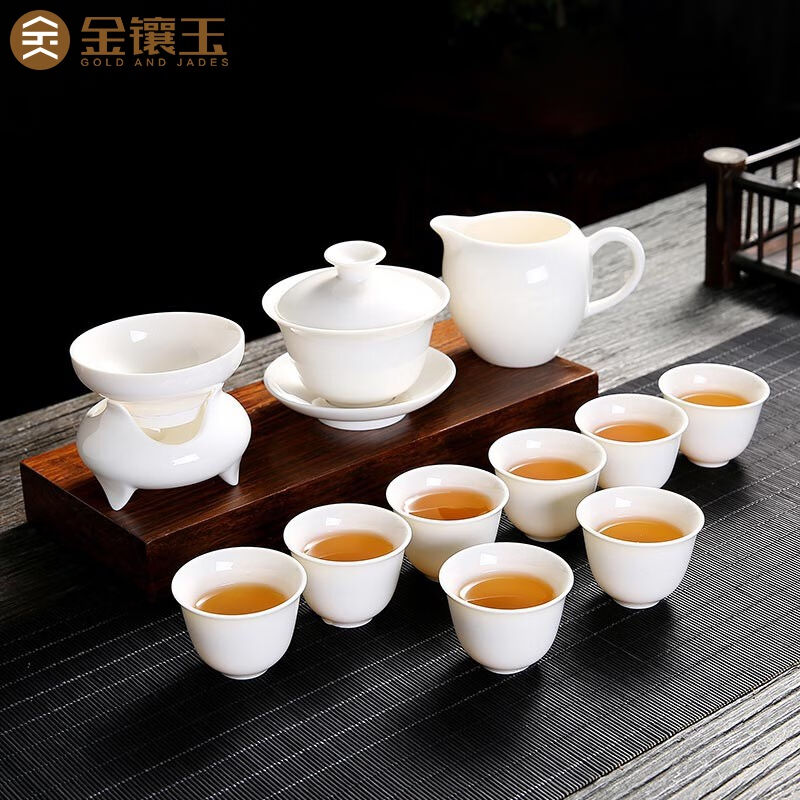 金镶玉功夫茶具套装白瓷陶瓷茶壶茶杯公道杯羊脂玉瓷套组白瓷映雪