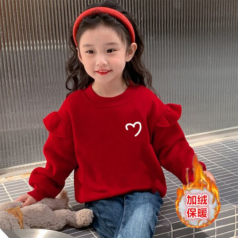 女童飞飞袖新年服加厚红色卫衣