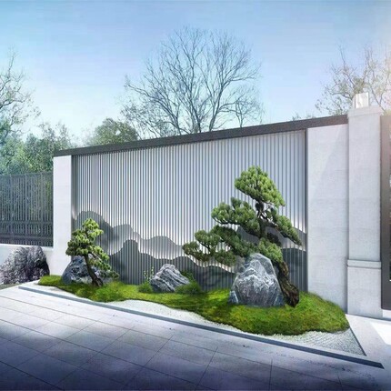 别墅不锈钢山水屏风中式酒店装饰定制假山背景墙金属镂空玄关隔断