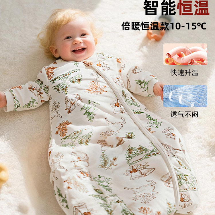 婴儿恒温保暖睡袋秋冬夹棉宝宝加厚睡衣拉链式多功能防踢被防惊跳
