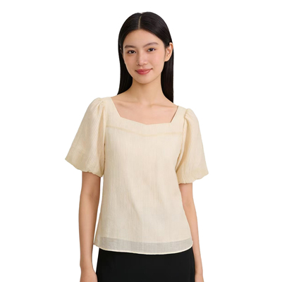 【D玛纳】女士上衣泡泡袖方领蕾丝衫短袖米色DMA1290