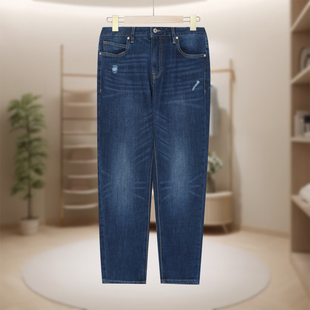 显瘦直筒百搭舒适长裤 靛蓝磨破牛仔修身 D244 德玛N