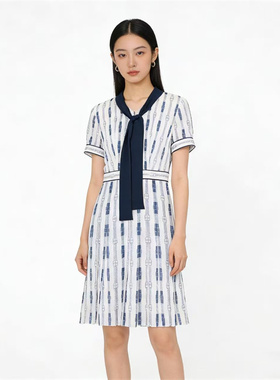 SF系列-淑女连衣裙系带领收腰拼色短袖SF152