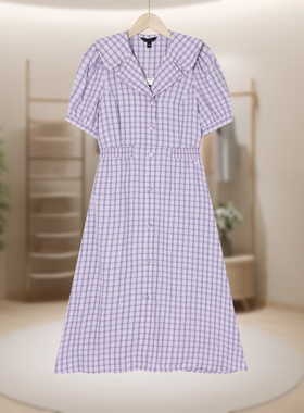 【恋】小众女款拼接格纹短袖时尚连衣裙E65-EEOWC37N4B0